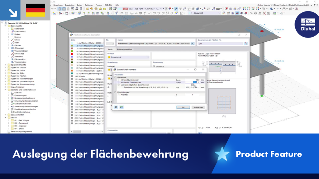 Darstellung der Auslegung von Flächenbewehrung in einem Bauprojekt. Nutzung einer spezifischen Technologiefunktion zur Optimierung der Bewehrungsverteilung bei Stahlbetonbauteilen.