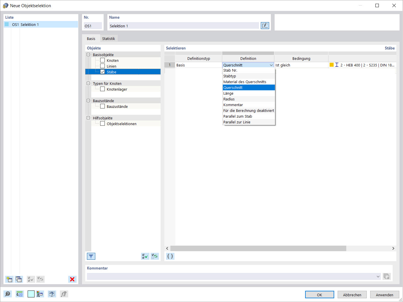 Dialog "Neue Objektselektion": Selektion 1