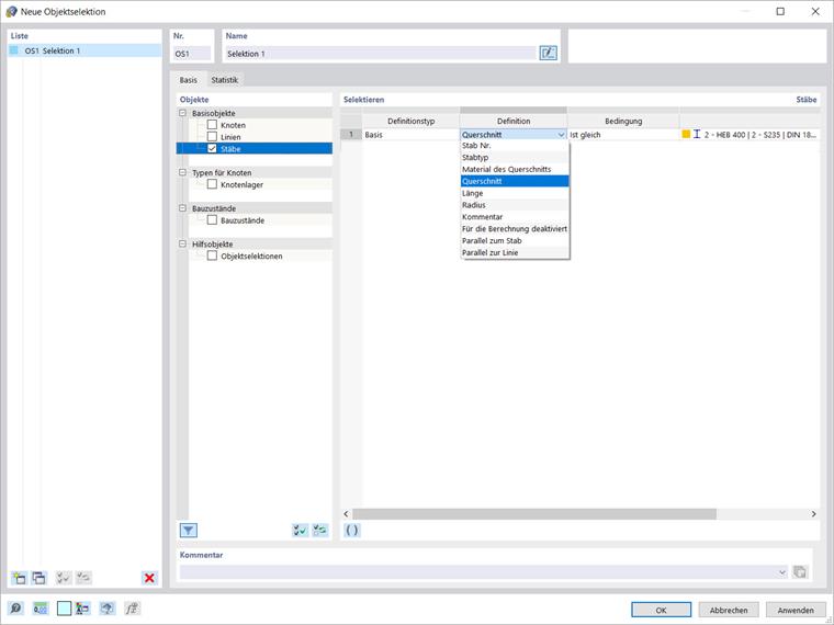 Dialog "Neue Objektselektion": Selektion 1