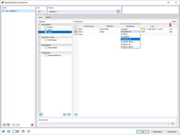 Dialog "Objektselektion bearbeiten"