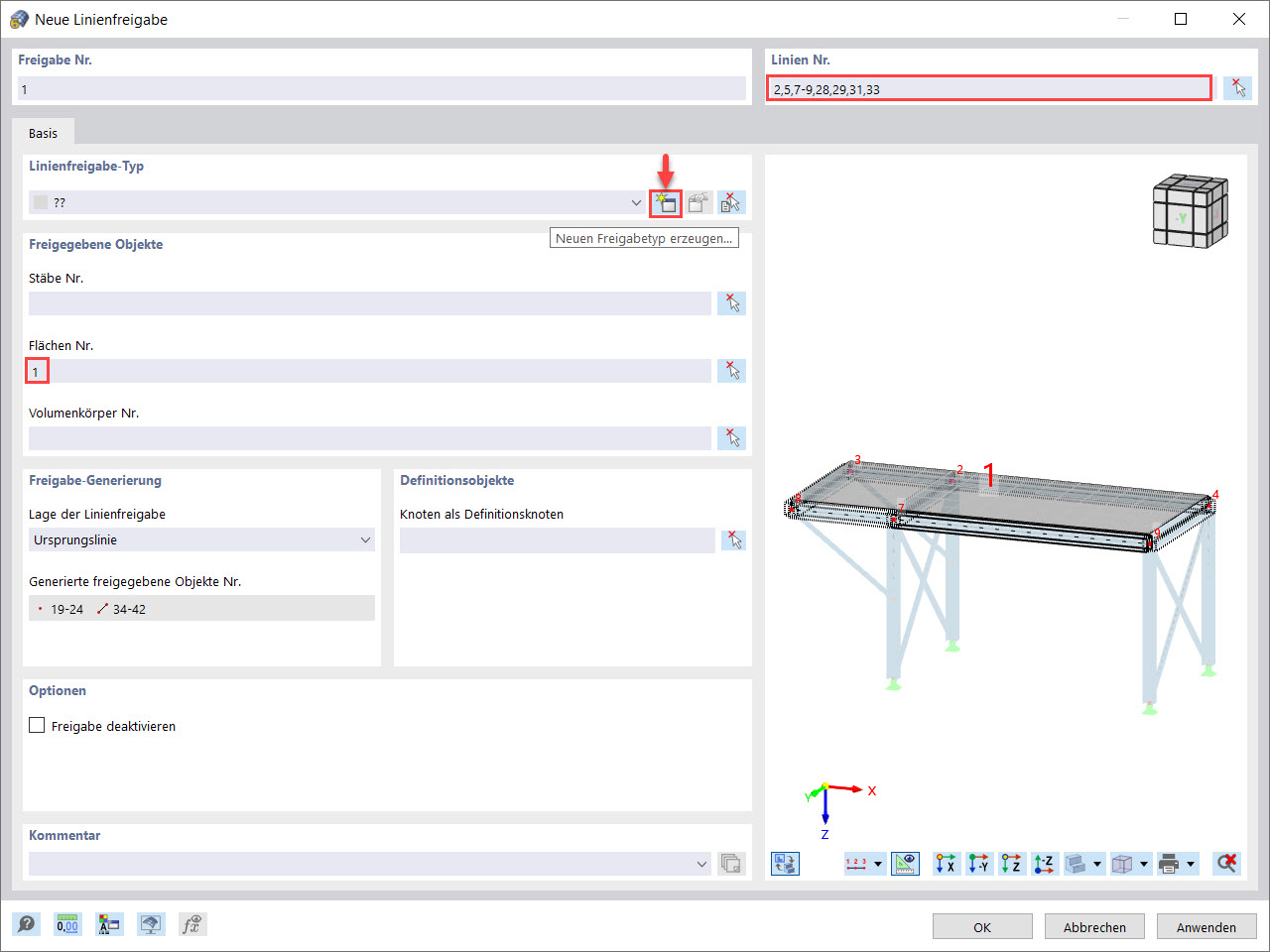Dialog "Neue Linienfreigabe"