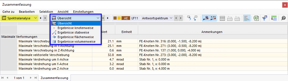 Unterkategorie für Spektralanalyse-Ergebnisse auswählen