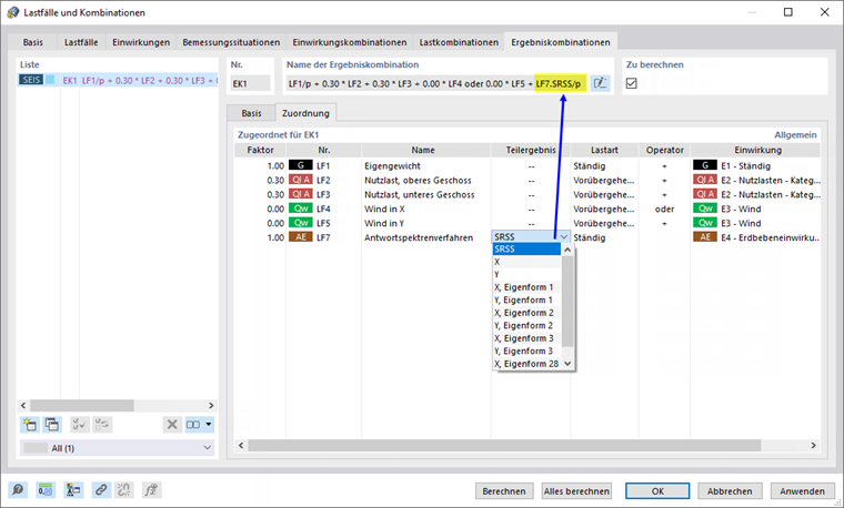 Teilergebnis für Ergebniskombination auswählen