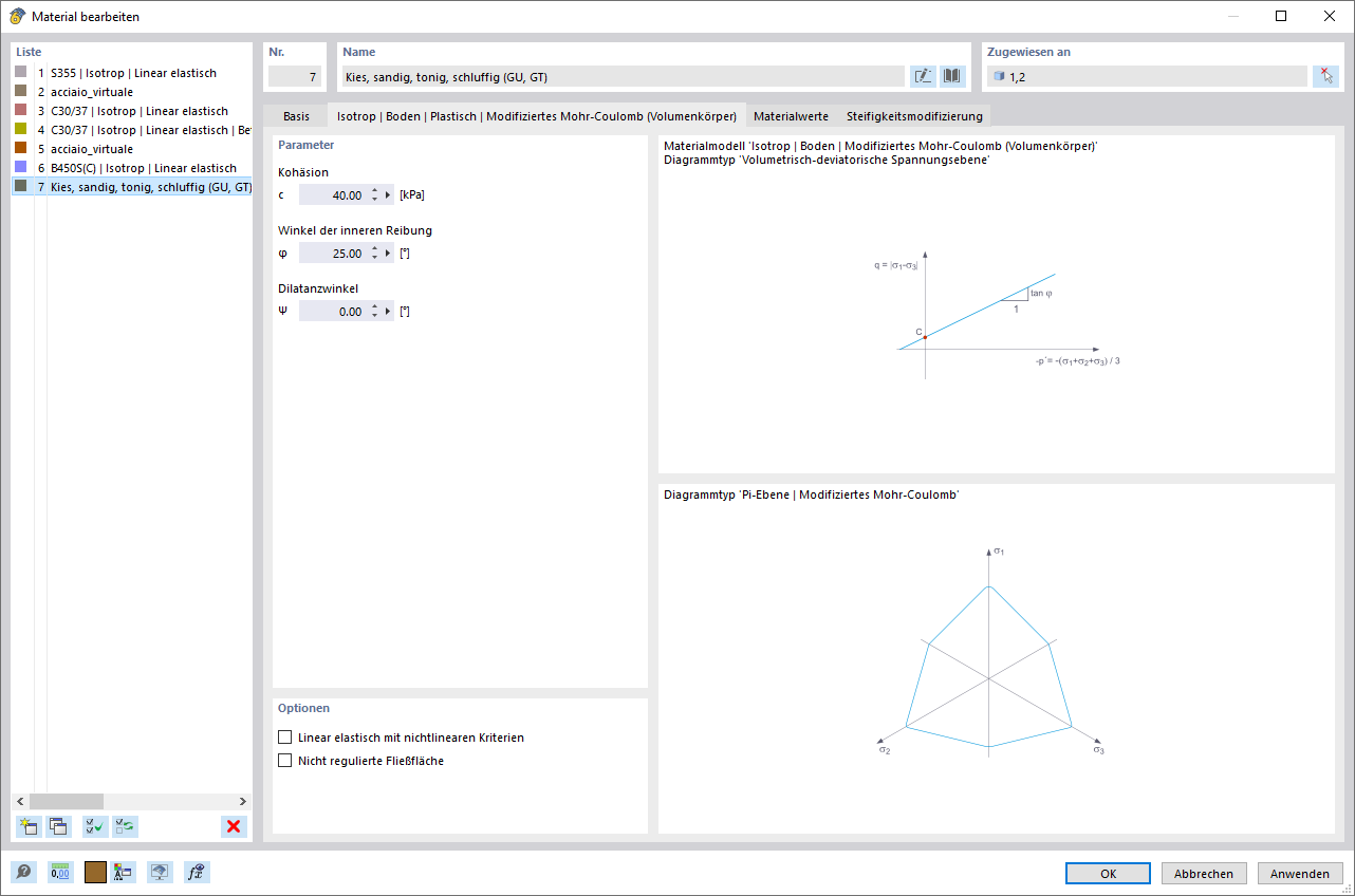 Eingabedialog - Modifiziertes Mohr-Coulomb Modell