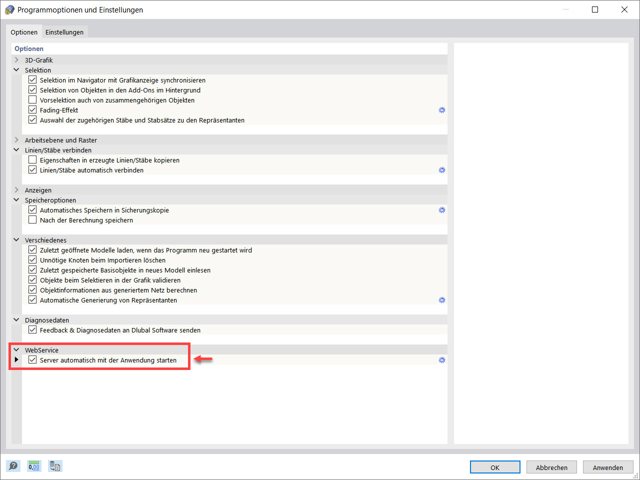 Programmoptionen und Einstellungen