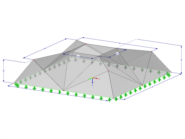 Modell 000504 | FPC031 | Pyramidal gefaltete Struktursysteme. Doppelt gefalteter Pyramidenstumpf. Rechteckiger Grundriss mit Parametern