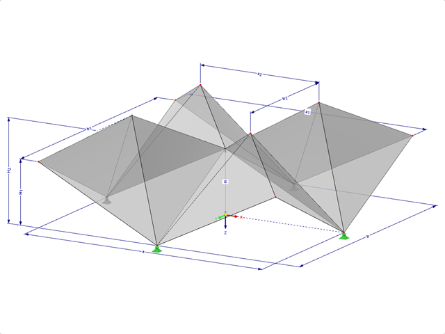 Modell 000512 | FPC010 | Prismatische Faltwerksysteme. Kreuzgefaltete Flächen diagonal über rechteckigem Grundriss gespannt, Firsten nach oben gefaltet, mit Parametern