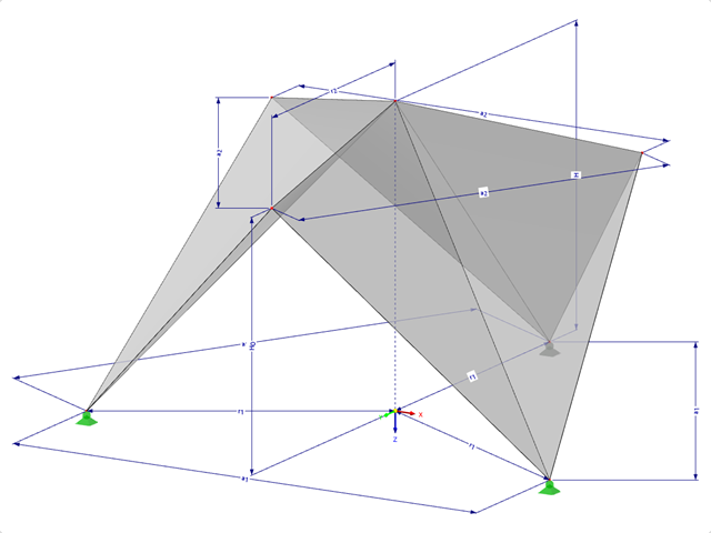 Modell 000516 | FPC005-b | Prismatische Faltwerksysteme. Einfach gefaltete Flächen über dreieckigem Grundriss, Firste zur Mitte gefaltet mit Parametern