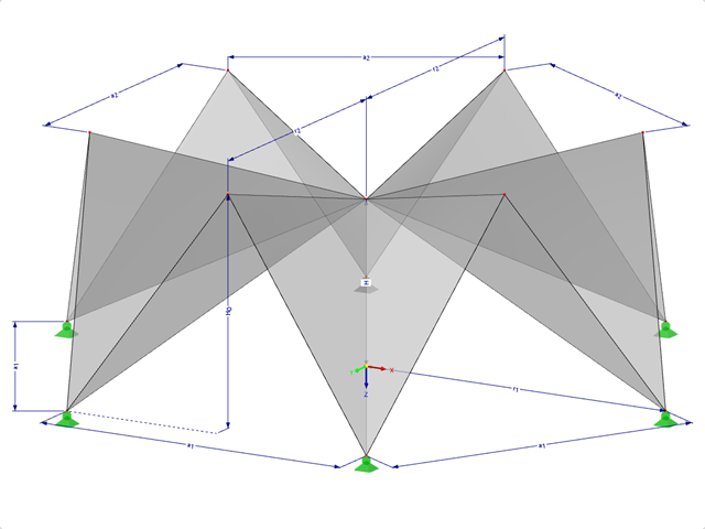 Modell 000523 | FPC008-b | Prismatische Faltwerksysteme. Einfach gefaltete Flächen über polygonalem Grundriss, Firsten zur Mitte gefaltet, mit Parametern