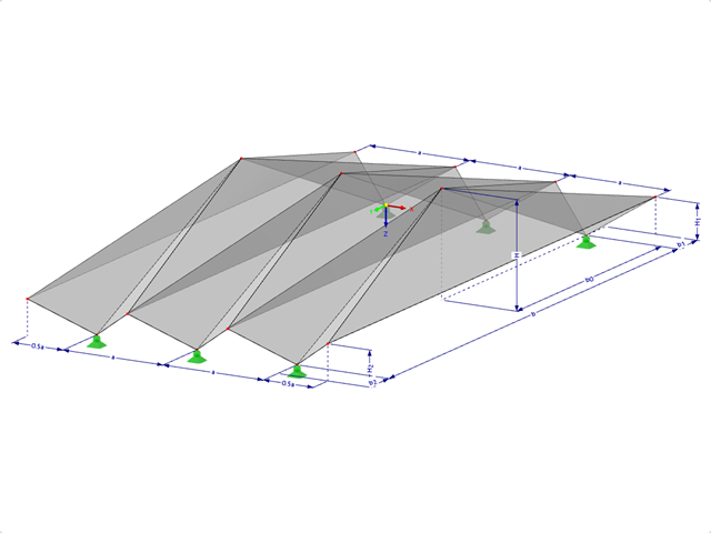 Modell 000524 | FPL103 | Prismatische Faltwerksysteme. Flächen mit gegenläufiger Faltung. Mittelfalte erhöht über die Falte an der Kante. Faltung First-zu-First mit Parametern
