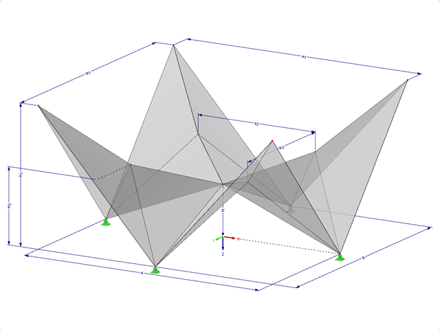 Modell 000531 | FPC012 | Prismatische Faltwerksysteme. Kreuzgefaltete Flächen diagonal über rechteckigem Grundriss, zur Mitte geneigte Firsten mit Parametern