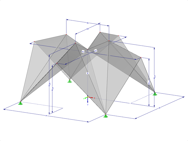 Modell 000532 | FPC013 | Prismatische Faltwerksysteme | Kreuzgefaltete Flächen über rechteckigem Grundriss, Firste nach oben gefaltet mit Parametern