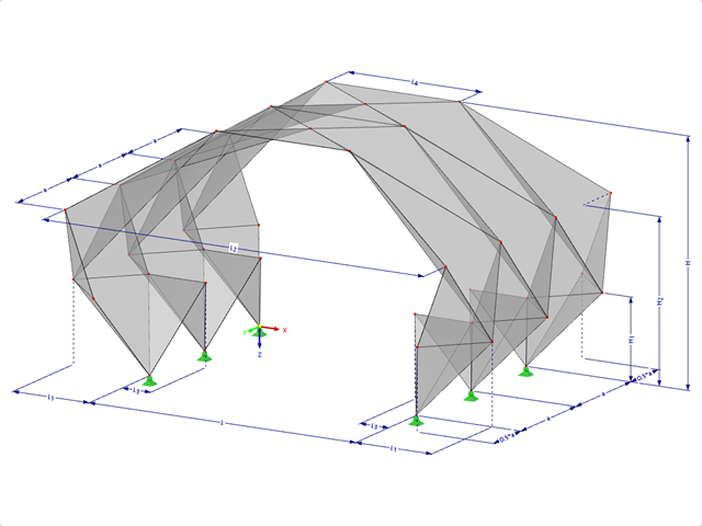 Modell 000549 | FPL125-a | Prismatische Faltwerksysteme. Lineares Struktursystem aus gefalteten Flächen. Dreigelenkbogen mit Parametern