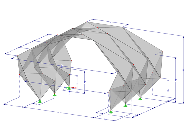 Modell 000550 | FPL125-b (Allgemeinere Variante zu 034-FPL125-a) | Prismatische Faltwerksysteme. Lineares Struktursystem aus gefalteten Flächen. Dreigelenkbogen mit Parametern