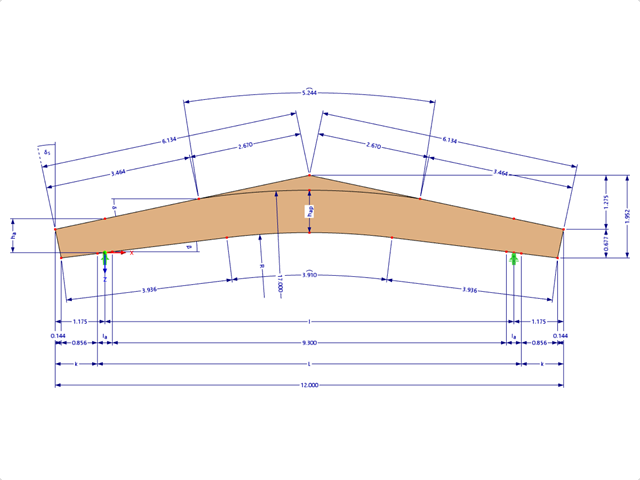 Modell 000614 | GLB0613 | Brettschichtholzträger | Gekrümmter Untergurt | Variable Höhe | Symmetrisch | Parallele Kragarme | Mit lose aufgesetztem Firstkeil mit Parametern
