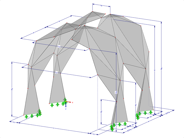 Modell 001393 | FPL124-a | Prismatische Faltwerksysteme. Lineares Struktursystem aus gefalteten Flächen. Bogen mit oberem Gelenk mit Parametern