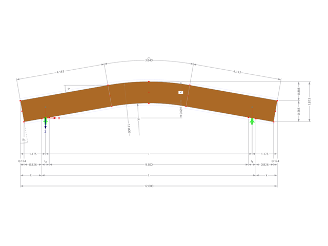 Modell 003620 | GLB-MS403 | Brettschichtholzträger | Gebogen | Konstante Höhe | Symmetrisch | Parallele Kragarme mit Parametern