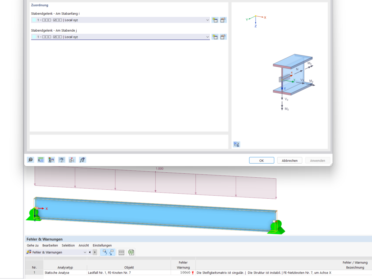 FAQ 005345 | Mein Modell in RFEM6 / RStab9 ist instabil. Was könnte die Ursache sein?
