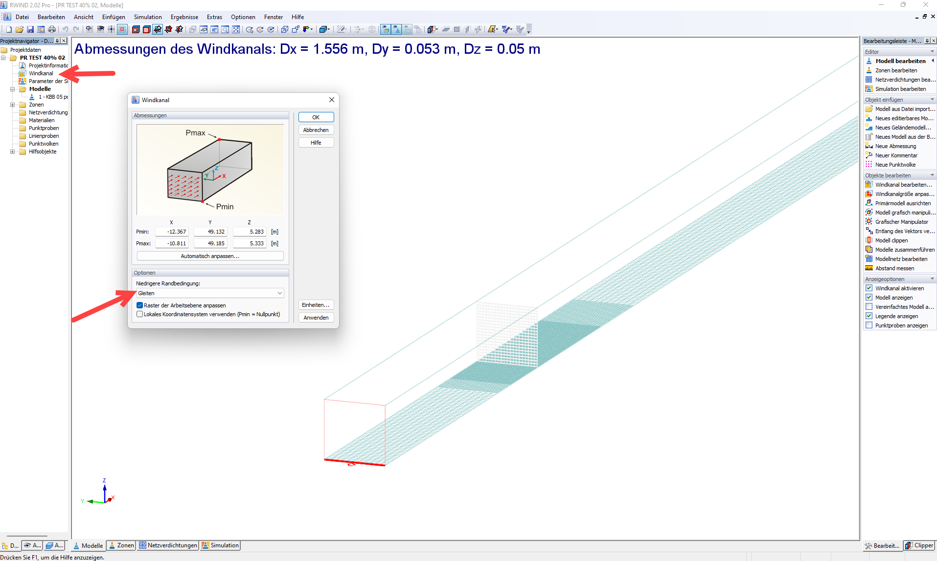 Einstellungen des Windkanals