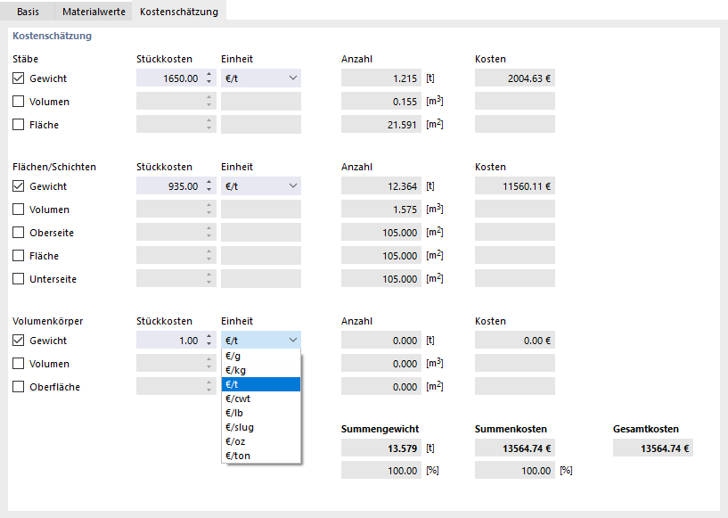 Stückkosten und Einheiten für Material festlegen