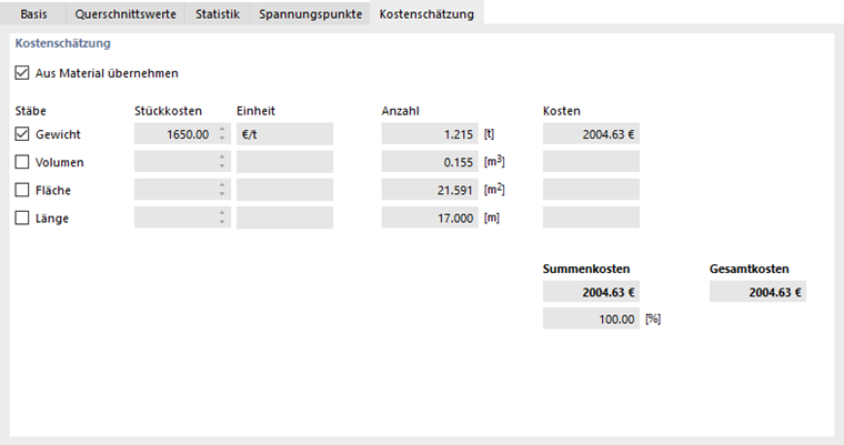 Stückkosten und Einheit für Querschnitt festlegen