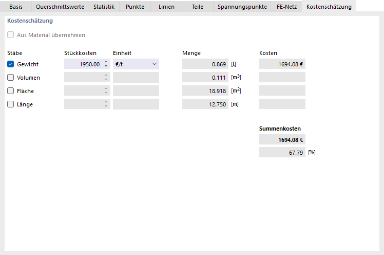Stückkosten und Einheit für Querschnitt festlegen