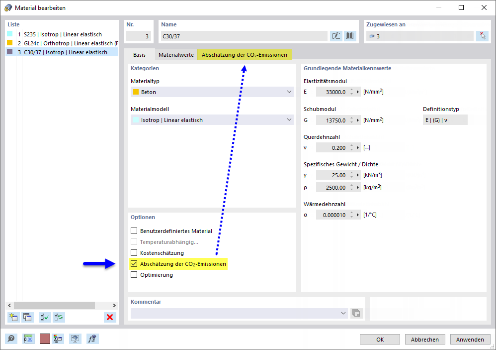 Abschätzung der CO2-Emissionen für Material aktivieren
