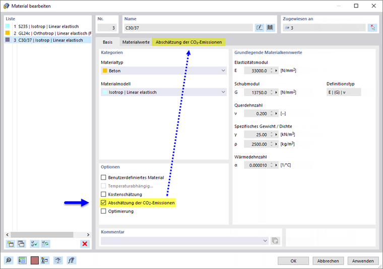 Abschätzung der CO2-Emissionen für Material aktivieren