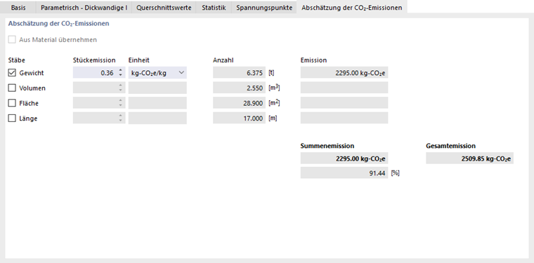 Stückemission und Einheit für Querschnitt festlegen