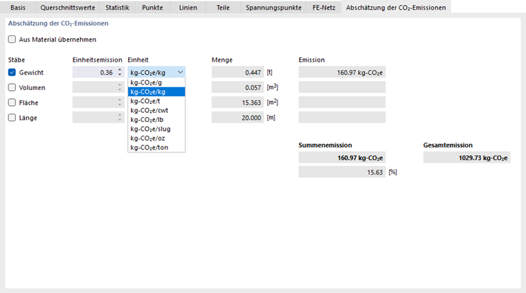 Einheitsemission und Einheit für Querschnitt festlegen