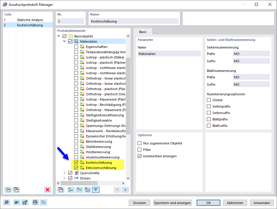 Kostenschätzung und Emissionsberechnung im Ausdruckprotokoll aktiviert zur Umweltbewertung von Bauprojekten.