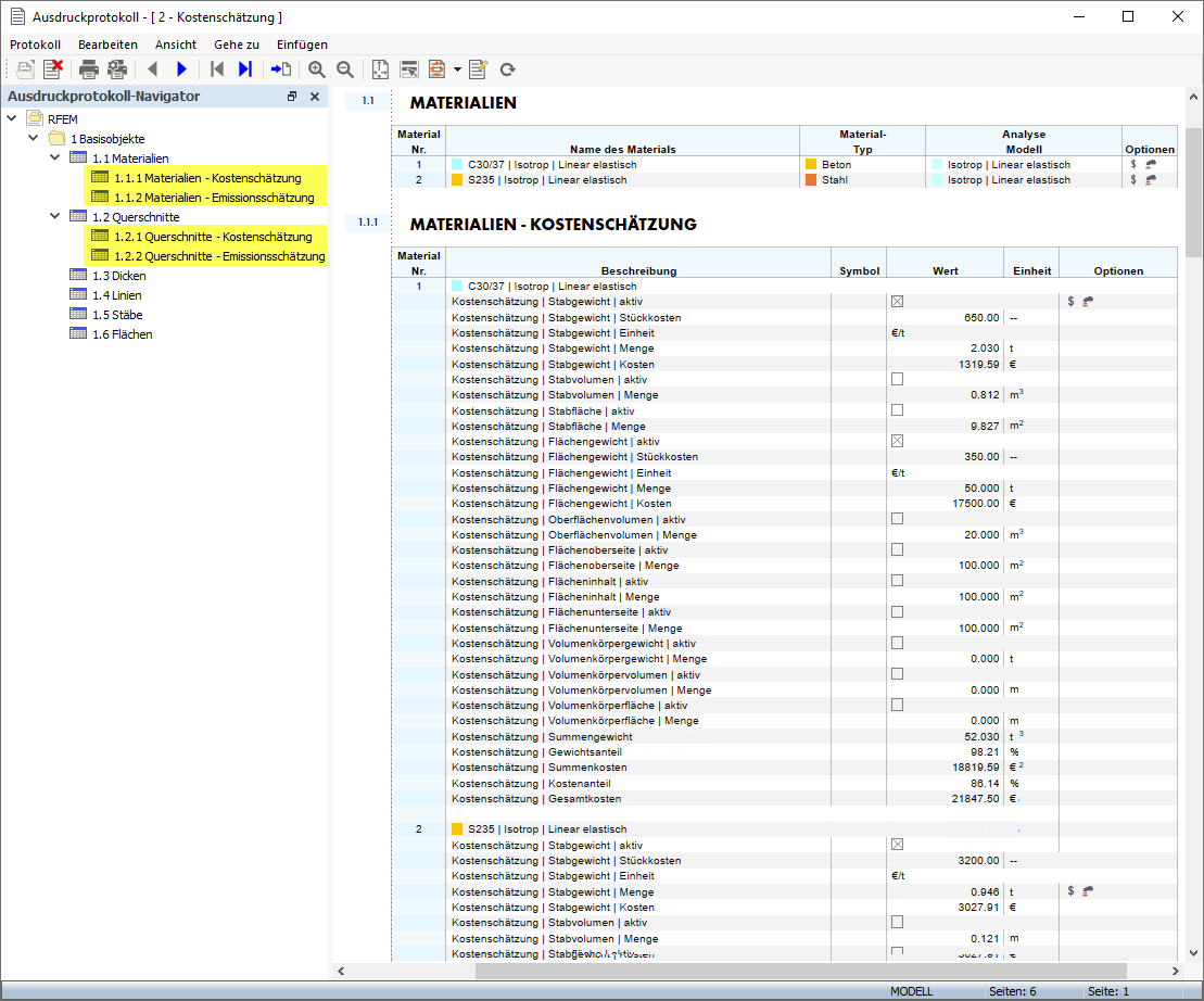 Kostenschätzung und CO2-Emissionsabschätzung im Ausdruckprotokoll