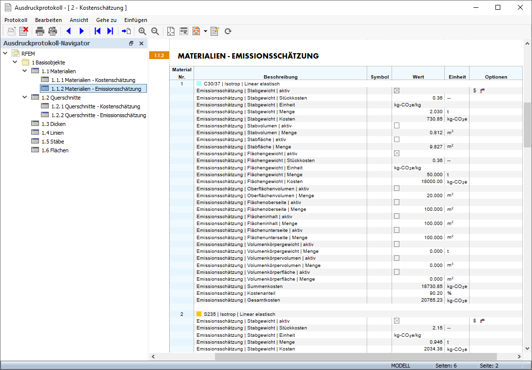 Emissionsschätzung für Materialien im Ausdruckprotokoll