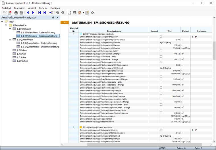 Emissionsschätzung für Materialien im Ausdruckprotokoll