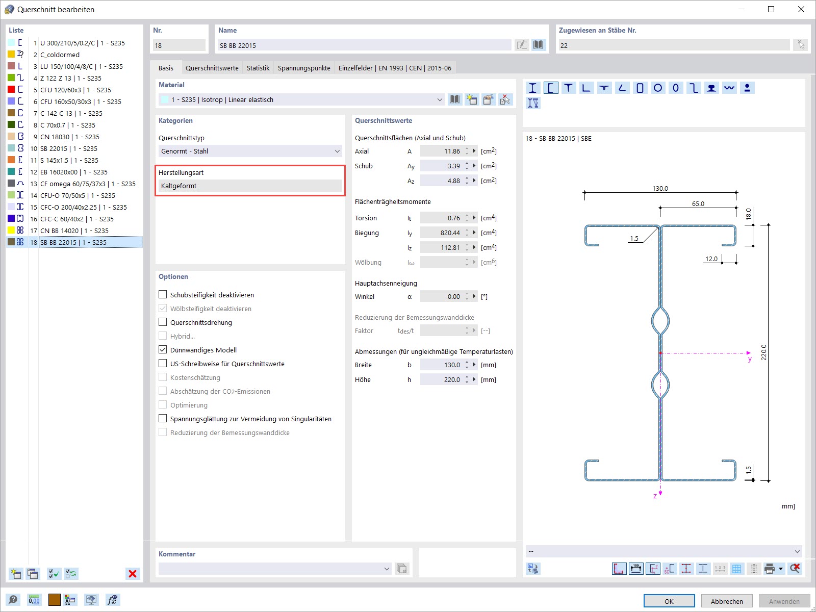 Herstellungsart des Querschnitts "Kaltgeformt".
