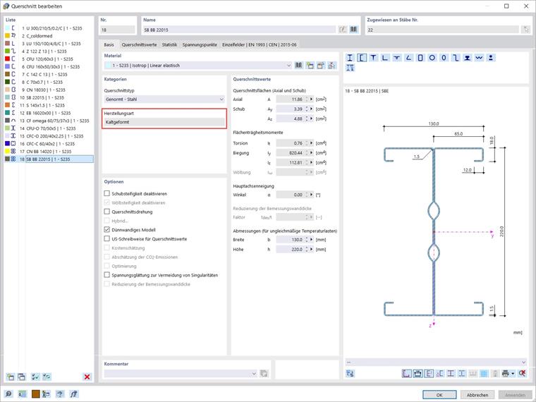 Herstellungsart des Querschnitts "Kaltgeformt".