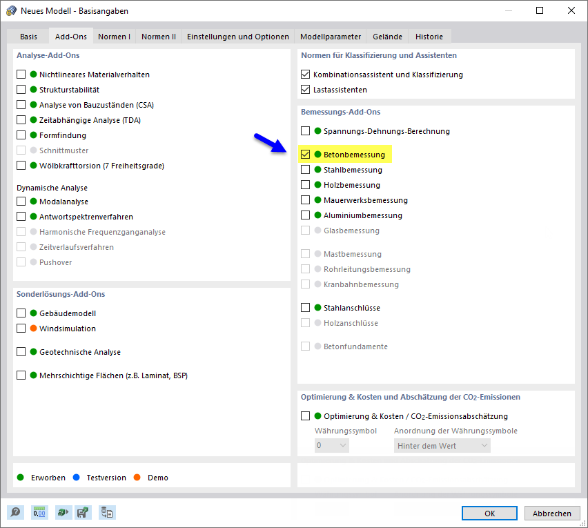 Add-On 'Betonbemessung' aktivieren