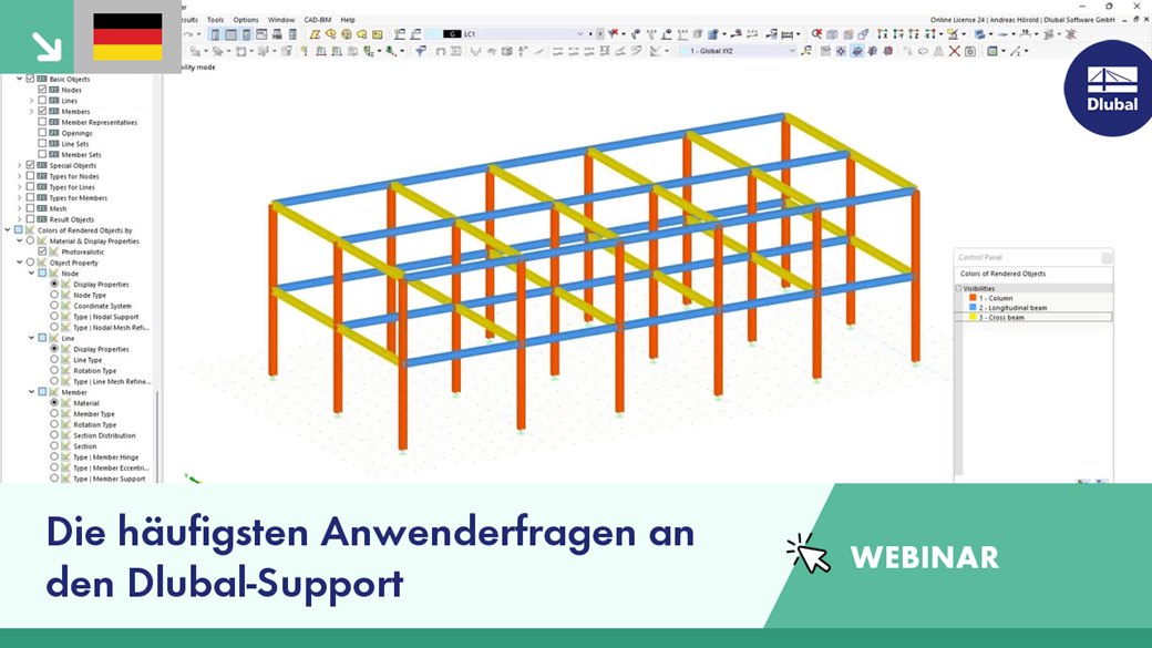 Overview of a webinar session answering frequently asked questions by the Dlubal support team regarding technical inquiries.