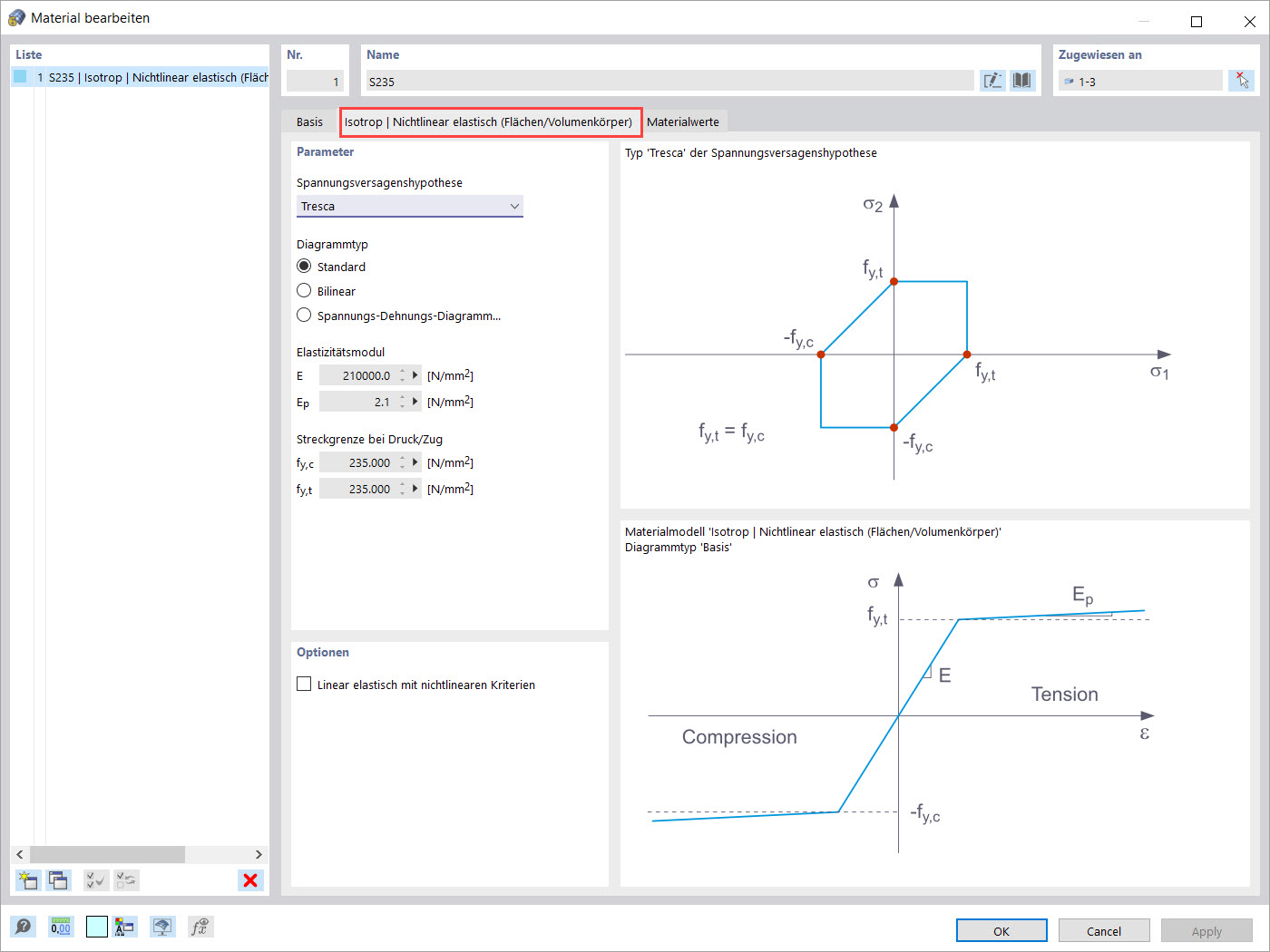 Materialmodell zu Isotrop | Nichtlinear elastisch (Flächen/Volumenkörper)