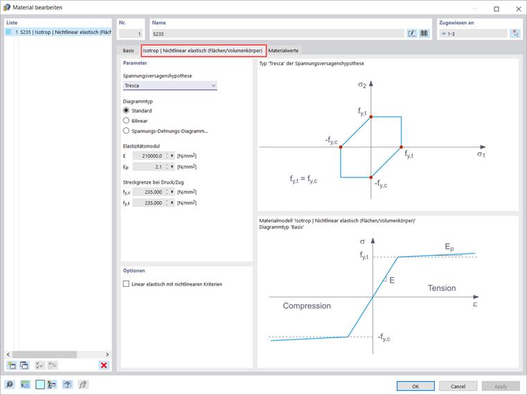 Materialmodell zu Isotrop | Nichtlinear elastisch (Flächen/Volumenkörper)