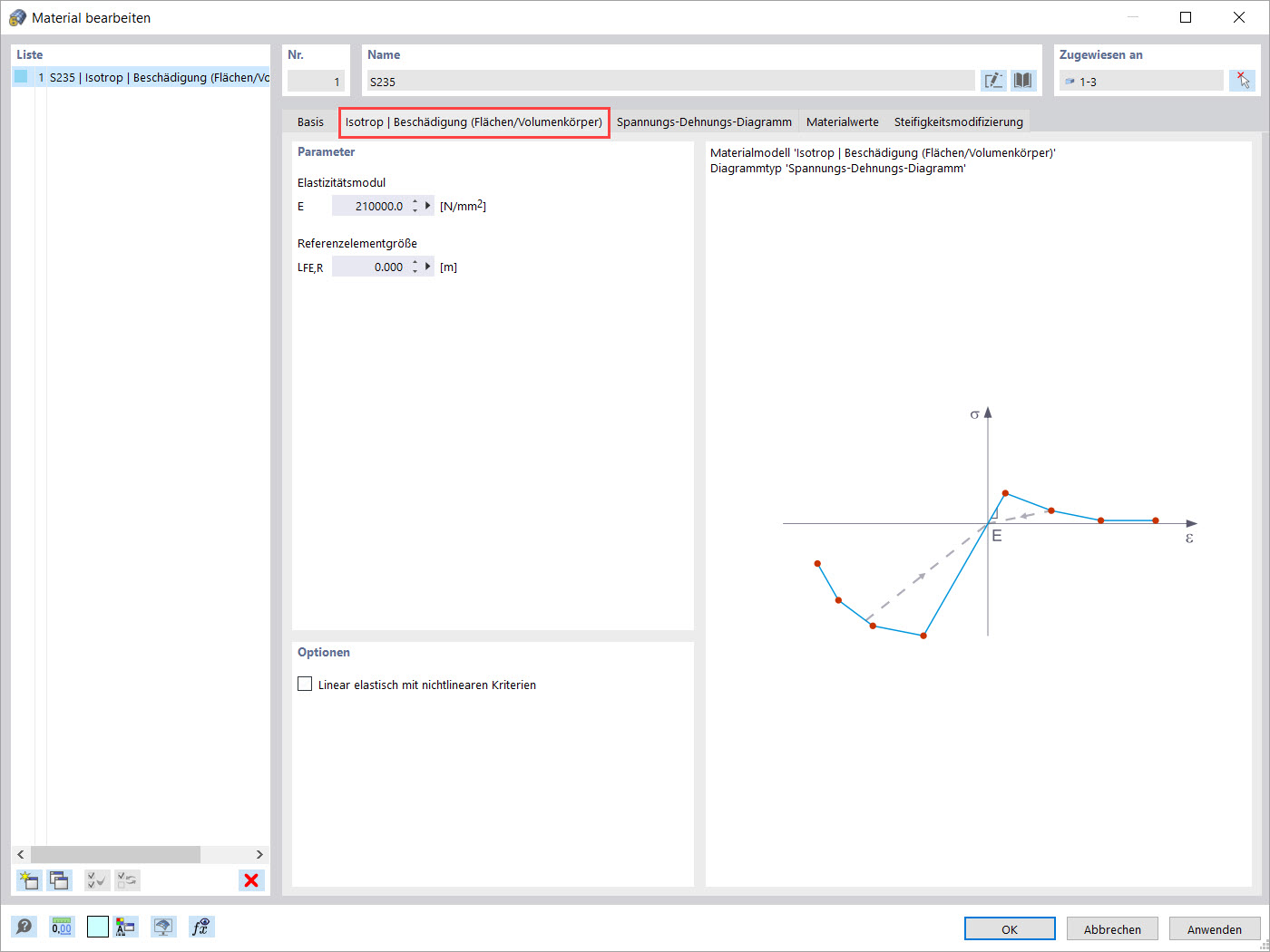 Materialmodell zu Isotrop | Beschädigung (Flächen/Volumenkörper)