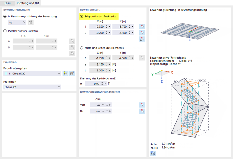 Bewehrungsort für freie Rechteckbewehrung definieren