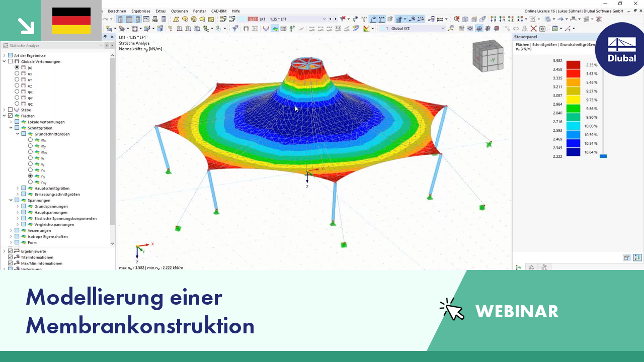 Modellierung einer komplexen Membrankonstruktion durch Integration von Rhino/Grasshopper mit RFEM 6 in einem Webinar demonstriert.
