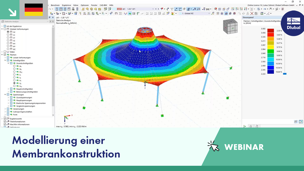 Modellierung einer komplexen Membrankonstruktion durch Integration von Rhino/Grasshopper mit RFEM 6 in einem Webinar demonstriert.