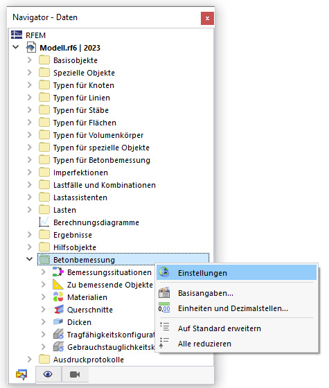Kontextmenü der Kategorie 'Betonbemessung' im Navigator