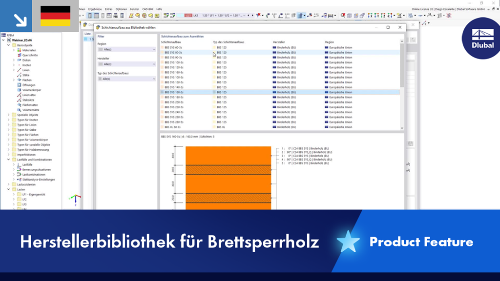 Detailansicht einer Brettsperrholz Herstellerbibliothek mit spezifischen Materialeigenschaften.