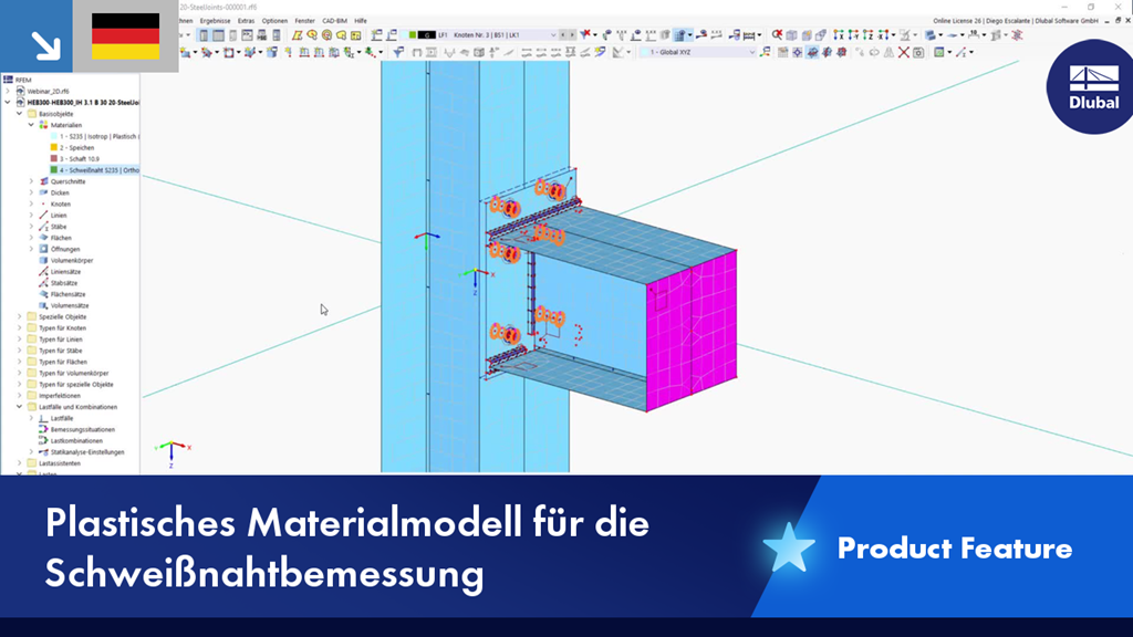 Simulationsmodell für die Bemessung von Schweißnähten mit plastischen Materialeigenschaften.