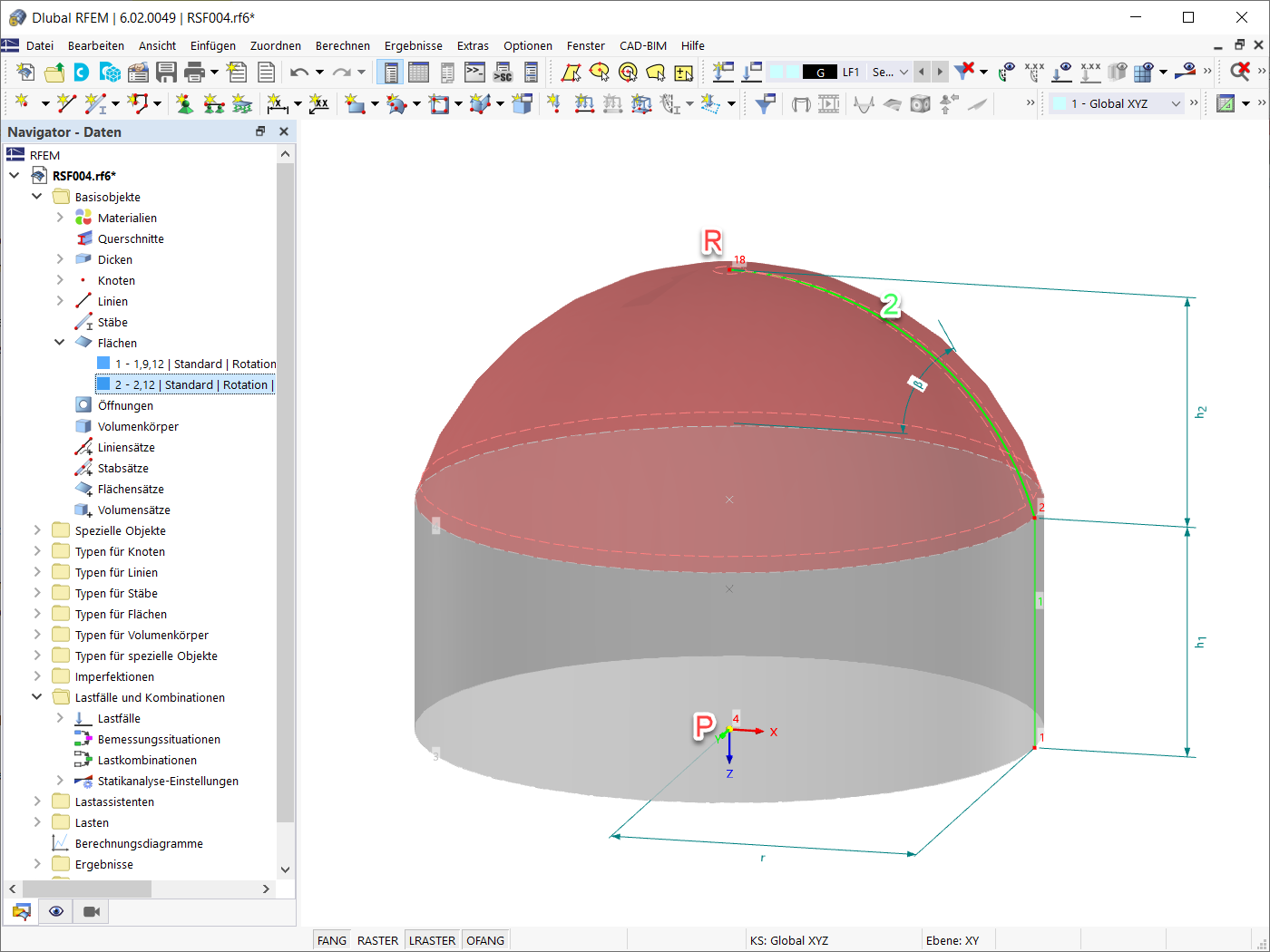 Begrenzungslinie und Rotationsachse zur Erzeugung der Kuppel