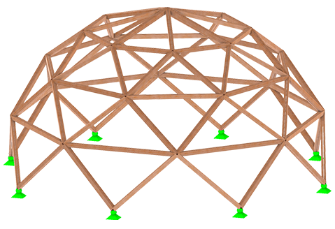 Geodätisches Kuppelmodell mit dreieckigen Unterteilungen, analysiert mit RSTAB zur statischen Bewertung.