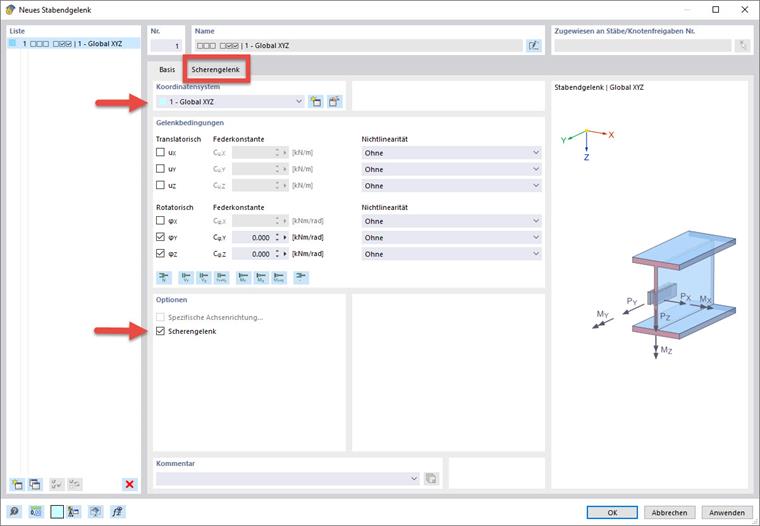 FAQ 005362 | Wie kann in RFEM 6 ein Scherengelenk definiert werden?